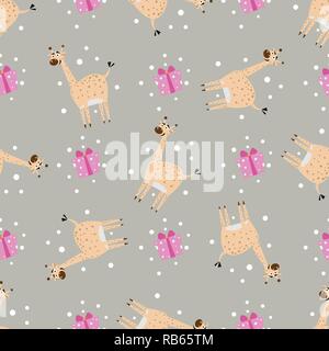 Nahtlose Muster lustige Cartoon Giraffe mit Geschenk Stock Vektor