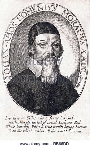 John Amos Comenius Porträt, 1592 - 1670, war ein tschechischer Philosoph, Pädagoge und Theologe aus der Markgrafschaft Mähren und ist der Vater der modernen Bildung betrachtet, Radierung von Böhmische Kupferstecher Wenzel Hollar aus 1600s Stockfoto