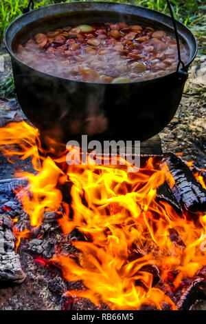 Kochen Suppe aus Gusseisen Kessel am Brennen Lagerfeuer. Topf mit Suppe über dem offenen Feuer im Freien. Tourismus in Lettland. Kochen Suppe im Topf am Lagerfeuer. Stockfoto