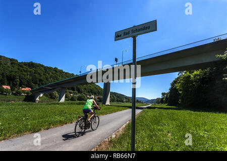 Radfahrer auf dem Radweg, Elbe River Valley in der Nähe von Bad Schandau, Sachsen, Elbtal Deutschland Stockfoto