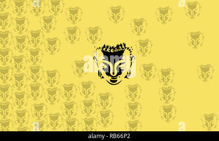 The statue of Big Buddha face with shadow faces on yellow background. Buddha head vector art. Minimalist Buddha illustration. Spiritual wallpaper. Stockfoto