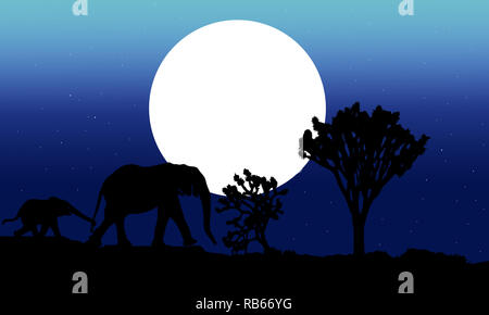 Silhouette von Mutter und Baby Elefanten auf Nacht Hintergrund. Afrikanische Natur Landschaft auf blauen Gradienten Hintergrund Abbildung. Elefanten bei Sonnenuntergang. Stockfoto