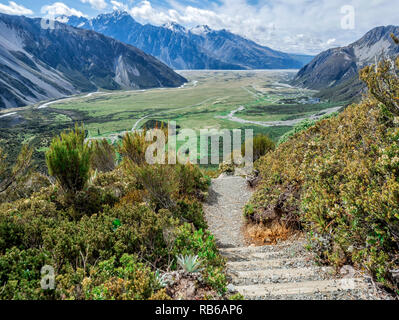 Sealy Gebirgsseen Track View, Aoraki / Mount Cook, Neuseeland, NZ Stockfoto