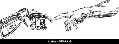 Hand berühren. Android und menschlich. Künstliche Intelligenz Banner. Bionischen arm Poster. Technik der Zukunft. Vintage graviert Monochrom Skizze gezeichnet. Stock Vektor