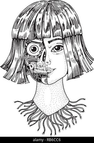 Künstliche Intelligenz Konzept. Eine Frau mit der Hälfte der Fläche eines Roboters. Replicant oder Android. Zukunft Technik Hand gezeichnet. Vintage graviert Monochrom Skizze. Stock Vektor