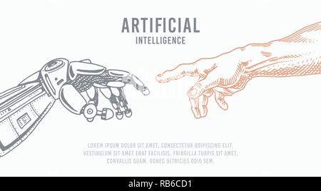 Hand berühren. Android und menschlich. Künstliche Intelligenz Banner. Bionischen arm Poster. Technik der Zukunft. Vintage graviert Monochrom Skizze gezeichnet. Stock Vektor