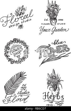 Flower Shop Embleme und Logos. Vintage Bouquet. Gartenarbeit Zeichen und retro Label. Hand gezeichnet Abzeichen. Florale vorlagen. Stock Vektor