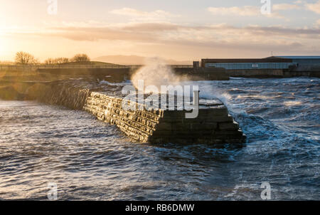 Cockenzie Hafen, East Lothian, Schottland, Vereinigtes Königreich, 7. Januar 2019. UK Wetter: Met Office eine gelbe Wetter Warnung für Schottland mit sehr starken Winden von bis zu 75 mph in Eastern Scotland ausgestellt. Wellen gegen die Pier in dem kleinen Hafen auf dem Firth von weiter Stockfoto