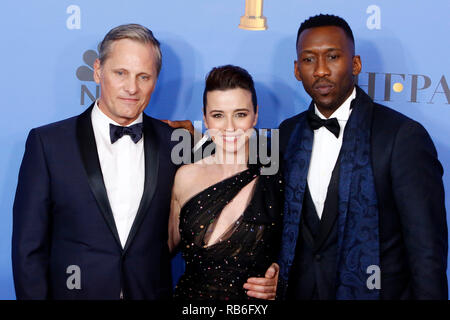 Beverly Hills, USA. 06 Jan, 2019. Viggo Mortensen, Linda Cardellini und Mahershala Ali Pose in der Presse Zimmer auf der 76. jährlichen Golden Globe Awards im Beverly Hilton Hotel am 6. Januar 2019 statt. Credit: Geisler-Fotopress GmbH/Alamy leben Nachrichten Stockfoto