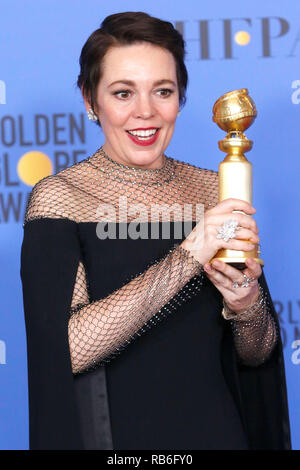 Beverly Hills, USA. 06 Jan, 2019. Beste Schauspielerin in einem Kinofilm Musical oder Comedy für 'Favorit' Sieger Olivia Colman stellt in der Presse Zimmer auf der 76. jährlichen Golden Globe Awards im Beverly Hilton Hotel am 6. Januar 2019 statt. Credit: Geisler-Fotopress GmbH/Alamy leben Nachrichten Stockfoto
