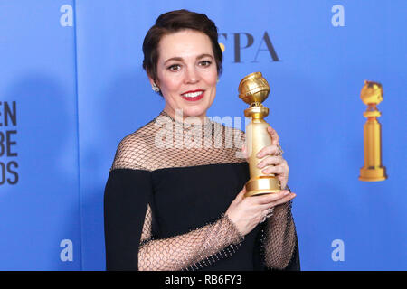 Beverly Hills, USA. 06 Jan, 2019. Beste Schauspielerin in einem Kinofilm Musical oder Comedy für 'Favorit' Sieger Olivia Colman stellt in der Presse Zimmer auf der 76. jährlichen Golden Globe Awards im Beverly Hilton Hotel am 6. Januar 2019 statt. Credit: Geisler-Fotopress GmbH/Alamy leben Nachrichten Stockfoto