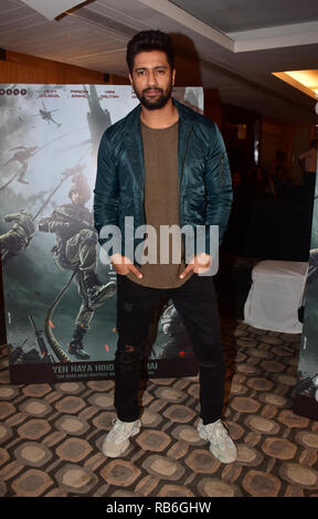 Mumbai, Indien. 7 Jan, 2019. Schauspieler Vicky Kaushal während der Förderung seiner bevorstehenden Film "URI gesehen: Die chirurgische Strike' bei Sonne und Sand Hotel, Juhu in Mumbai. Der Film basiert auf der wahren Ereignisse von 2016, als die indische Armee räche eine tödliche Terroranschlag durch eine chirurgische Streik. Credit: Azhar Khan/SOPA Images/ZUMA Draht/Alamy leben Nachrichten Stockfoto