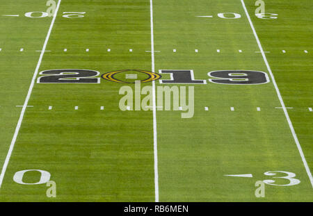Santa Clara, Kalifornien, USA. 7 Jan, 2019. Januar 07, 2019 - Santa Clara, Kalifornien, USA - ein Überblick über die 2019 College Football Endspiel Logo vor dem College Football Endspiel nationale Meisterschaft Spiel zwischen der Clemson Tiger und die Alabama Crimson Tide am Levi's Stadion, Santa Clara, Kalifornien. Quelle: Adam Lacy/ZUMA Draht/Alamy leben Nachrichten Stockfoto