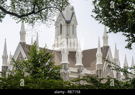 Salt Lake Assembly Hall im Tempel Platz der Kirche der Heiligen der Letzten Tage in Salt Lake City, Utah Stockfoto