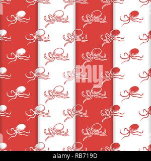 Satz 4 Vector nahtlose Muster mit Kraken. Meer Einwohner. Tiere unter Wasser. Design für die Verpackung, Stoff, marine Hintergrund drucken. Stock Vektor