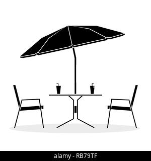 Schwarze und weiße Zeichnung, Cafe, Tisch und zwei Stühlen unter einem Sonnenschirm auf weißem Hintergrund Vector Illustration Stock Vektor