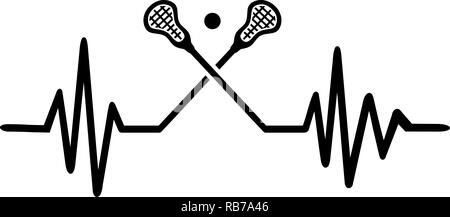 Heartbeat puls Linie mit zwei gekreuzten Lacrosseschläger und eine Kugel Stockfoto