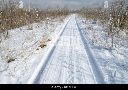 Spuren der Auto im Schnee. Das laufflächenprofil ist sichtbar. Stockfoto