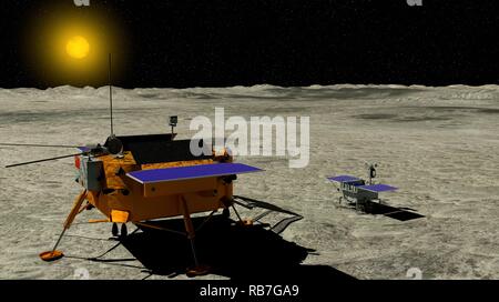 Lunar Exploration Fahrzeug Yutu 2 Nachkomme von der China Chang e4 Mondsonde auf der Oberfläche des Mondes am 3. Januar 2019 landete. 3D-Darstellung Stockfoto