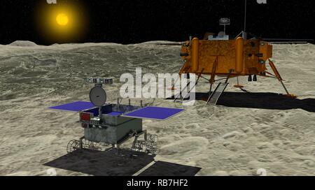 Lunar Exploration Fahrzeug Yutu 2 rollt über die Oberfläche des Mondes mit der China Chang e4 Mondsonde und die Sonne im Hintergrund. Stockfoto