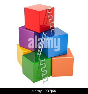 Geschäftlicher Erfolg Konzept. Treppen mit farbigen Blöcken Gebäude, würfeln. 3D-Rendering auf weißem Hintergrund Stockfoto