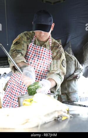 Spc. Nicholas Jerman, 364 Expeditionary Sustainment Command, bereitet Essen für die Yama Sakura 71 Iron Chef Schlacht Wettbewerb auf Lager Kengun, Japan, Dez. 5, 2016. Stockfoto