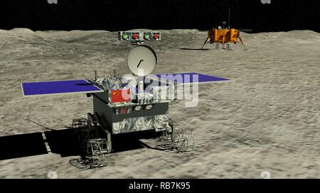 Lunar rover Yutu 2 rollt über die Oberfläche des Mondes Beginn der Exploration mit der China Chang e4 Mondsonde im Hintergrund. Stockfoto