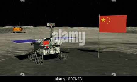 Lunar rover Yutu 2 rollt über die Oberfläche des Mondes neben Chinesische Fahne mit Chinas Mondsonde Chang e4 im Hintergrund. 3D-Darstellung Stockfoto