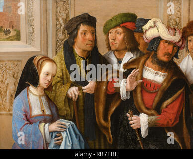 Lucas van Leyden, Potiphars Frau zeigt Joseph's Kleid, Joseph zu Gefängnis 1517 Öl auf Leinwand, Museum Boijmans Van Beuningen, Rotterdam, Niederlande. Stockfoto