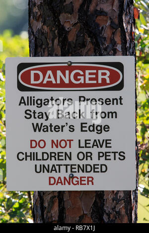 Anmelden Warnung Besucher der Gefahr von Alligatoren in der Nähe Wasser. Stockfoto