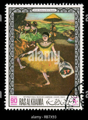 Briefmarke aus Ras Al Khaimah in den Vereinigten Arabischen Emiraten in den Gemälden von Galerien in London, München und São Paulo Serie 1968 ausgestellt Stockfoto