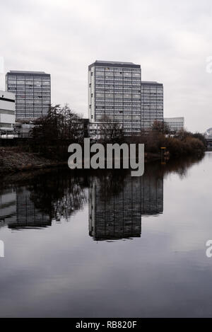 Wohnkomplexe am Fluss Clyde in den Gorbals, Glasgow. Stockfoto