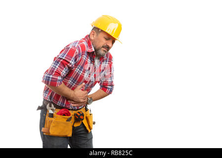 Sick Builder mit Magenschmerzen Gefühl übel auf weißem studio Hintergrund isoliert Stockfoto