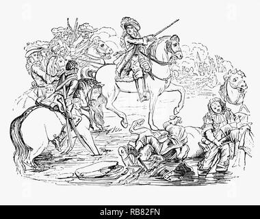 Die Schlacht am Boyne im Jahre 1690 zwischen den Kräften des gestürzten König Jakob II. von England, und der niederländischen Prinzen Wilhelm von Oranien, der mit seiner Frau Maria II (sein Vetter und James's Tochter), den Kronen von England und Schottland im Jahre 1688 beigetreten war. Die Schlacht fand auf der anderen Seite des Flusses Boyne in der Nähe von Drogheda im Königreich Irland, modernen Republik Irland, und führte zu einem Sieg für William. Diese wandte sich die Flut James's Versuch der britischen Krone und schließlich bei der Gewährleistung der Fortsetzung protestantische Vorherrschaft in Irland aided wiederzugewinnen. Stockfoto