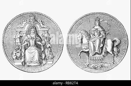 Das große Siegel der Reich, verwendet die Zustimmung des Monarchen von wichtigen staatlichen Dokumente für Anne (1665-1714), Königin von England, Schottland und Irland zwischen dem 8. März 1702 und 1. Mai 1707 zu zeigen. Diese Dichtung war vor dem 1. Mai 1707, wenn im Rahmen der Rechtsakte der Union, zwei ihrer Bereiche, die Königreiche von England und Schottland, Vereinigten als ein souveräner Staat in Großbritannien bekannt. Sie fuhr fort zu Herrschaft als Königin von Großbritannien und Irland bis zu ihrem Tod im Jahre 1714. Stockfoto