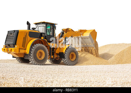 Arbeiten Bulldozer auf einer Baustelle mit Freistellungspfad isoliert. Moderne Radlader isoliert. Stockfoto