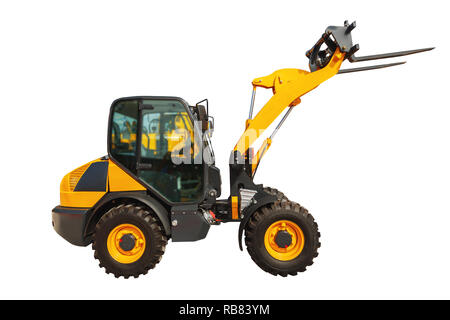 Lader oder Gabelstapler bau Lkw isoliert mit Beschneidungspfaden auf Weiß. Stockfoto