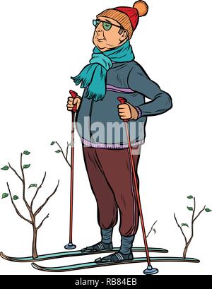 Skifahrer Mann in einem Wald von jungen Bäumen. Pop Art retro Vektor Illustration kitsch Vintage Stock Vektor