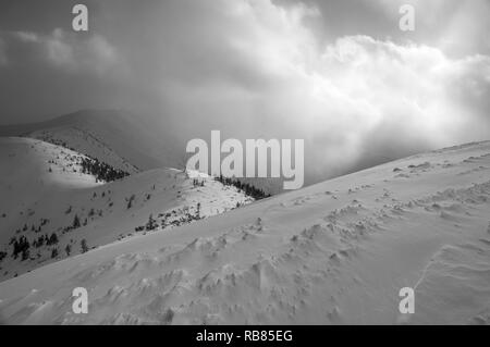 Schneesturm auf schneebedeckte Berggipfel. Westliche Tatra. Stockfoto