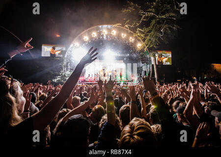 Dänemark, Skanderborg - August 11, 2017. Party People und Festivalbesucher verrückt auf einem Live-konzert mit der elektronischen Musik Projekt Major Lazer während der dänischen Musik Festival SmukFest 2017. Mit Ausnahme von Dänemark. Stockfoto