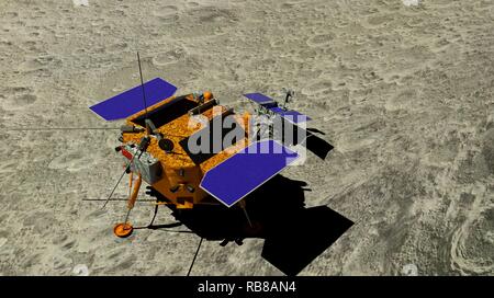 Blick von oben auf die Yutu 2 Lunar rover Nachkomme von der China Chang e4 Mondsonde auf der Oberfläche des Mondes am 3. Januar 2019 landete. 3D-Darstellung Stockfoto