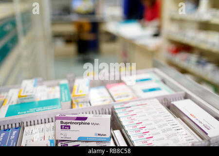 Apotheke. Drogen in einer Schublade. Frankreich. Stockfoto