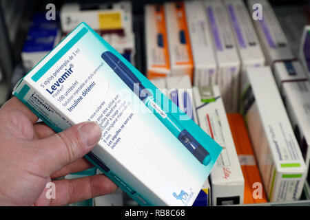 Apotheke. Drogen in einer Schublade. Levemir (Insulin detemir). Frankreich. Stockfoto