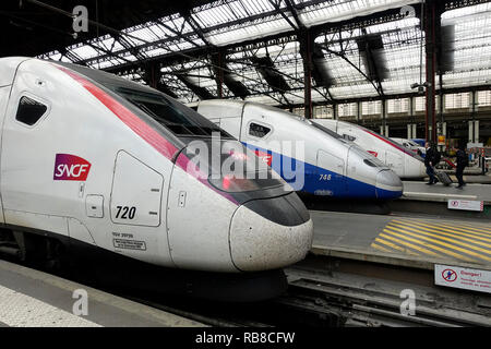 Der TGV (Hochgeschwindigkeitszug) von der SNCF betrieben. Gare de Lyon. Paris. Frankreich. Stockfoto