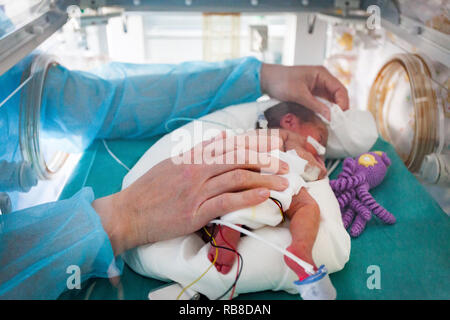 Eine Baumschule Krankenschwester kümmert sich um ein frühgeborenes Baby. Krankenhaus. Aix-en-Provence. Stockfoto