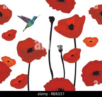 Vector Illustration der rote Mohn nahtlose Hintergrund und Hummingbird. Stock Vektor