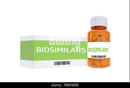 3D-Darstellung von BIOSIMILARS Titel auf Pille Flasche, isoliert auf Weiss. Stockfoto