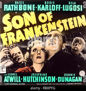 Basil Rathbone Boris Karloff Dela Lugosi auf der Frankenstein' Film Werbung Stockfoto