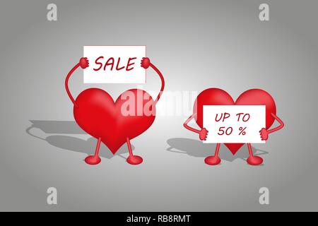 Zwei Herzen halten Sie in den Händen eines Zeichens mit dem Verkauf von einem Rabatt von bis zu 50 Prozent auf einem grauen Hintergrund Stock Vektor
