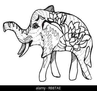 Malerei der Elefant mit Blumen und Muster auf der Seite. Stock Vektor